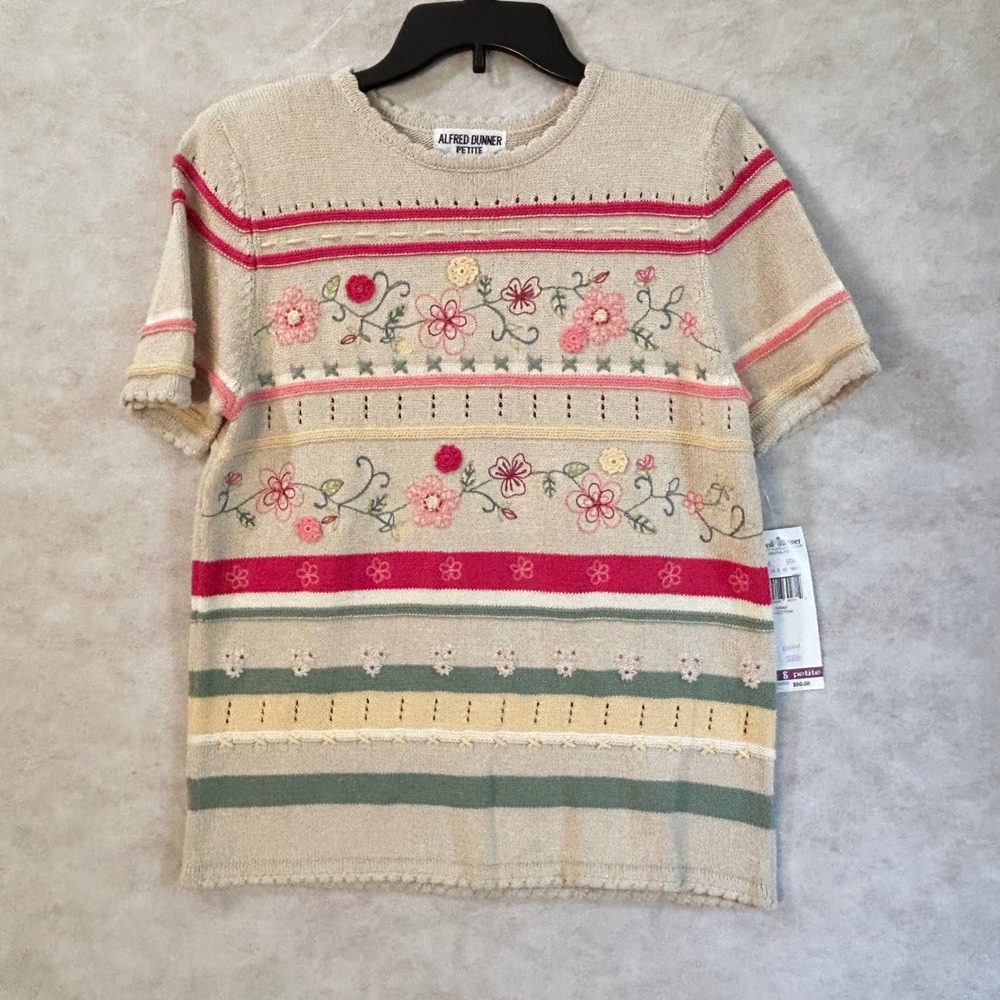 Alfred Dunner Petite Small Floral Embroidered Knit Sweater Top Beige Multi NWT